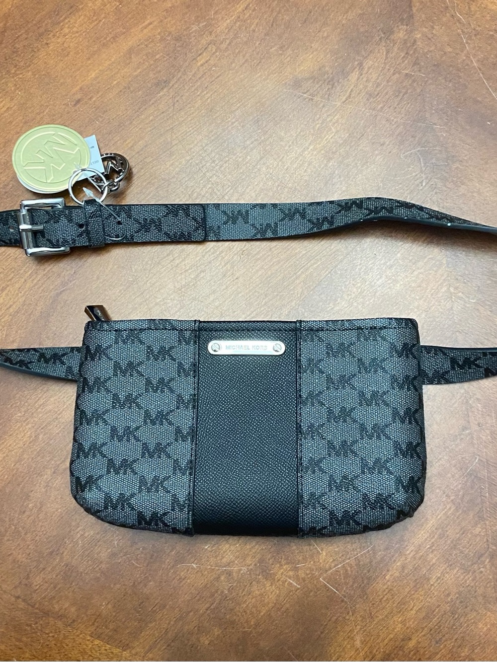 NWT- Michael Kors Gray Monogram Belt Bag with Black Center & Silver Hardware S/M